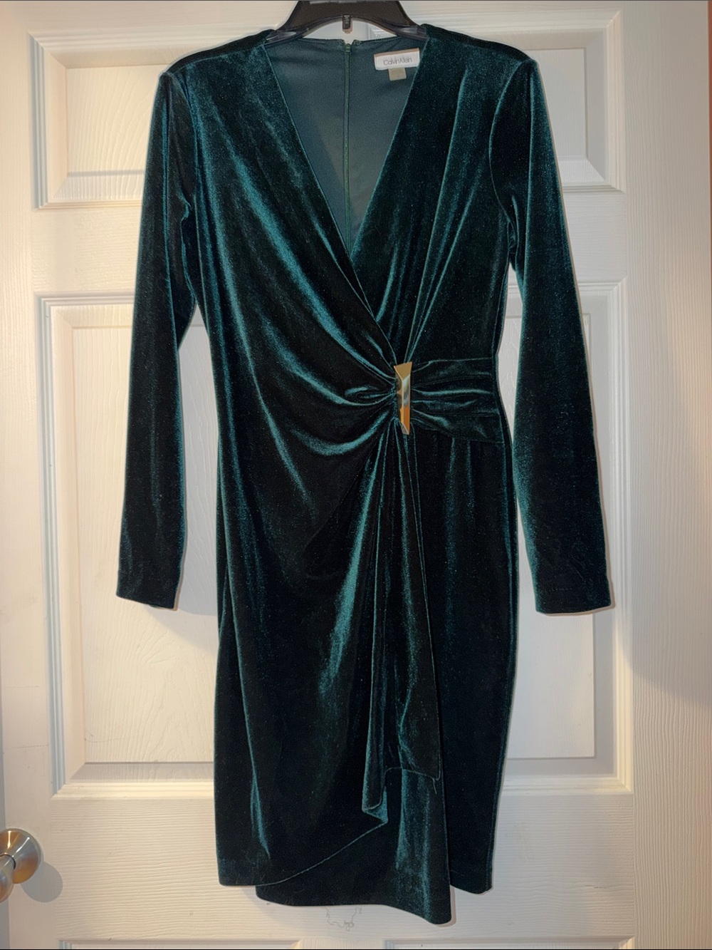 Calvin Klein Deep Teal Velvet Twist-Waist Long Sleeve Dress